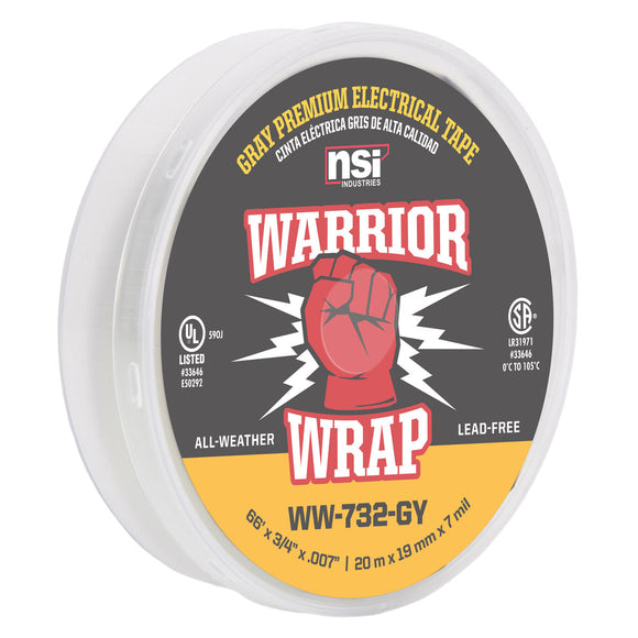 NSI Industries WW-732-GY WarriorWrap Premium Medium 3/4 in. x 66 ft. 7 mil Vinyl Electrical Tape, Grey